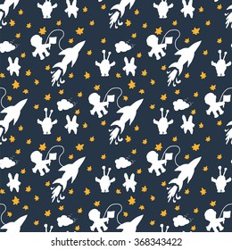 The pattern of the cosmic plot, vector illustration. Travel astronaut in space / meeting with aliens / monsters in space