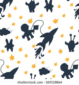 The pattern of the cosmic plot, vector illustration. Travel astronaut in space / meeting with aliens / monsters in space