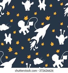 The pattern of the cosmic plot, vector illustration. Travel astronaut in space / meeting with aliens / monsters in space