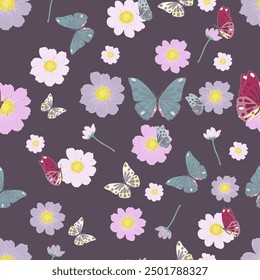 Pattern cosmos flower and butterfly on a dark purple background Gives a vintage feel