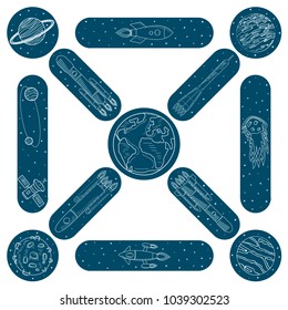 The pattern of the cosmos. Spacecraft, Earth, Moon, planets, satellites and stars. Sketch of drawing, white outline on blue background, vector illustration