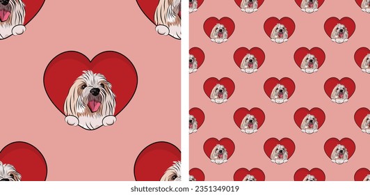 Pattern with Coton de Tulear Dog Breed smiling dog with paws, Valentine's day wallpaper with hearts. Love heart with pet head holiday texture. Dog face looks out a Heart, Cartoon square red background