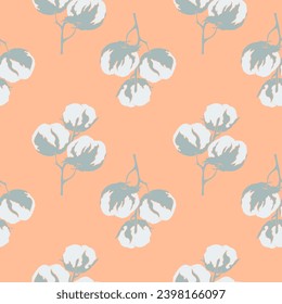 Pattern Cotton flower branch trend color 2024 Peach fuzz 13-1023, for wallpaper, background, surface textures, textiles.