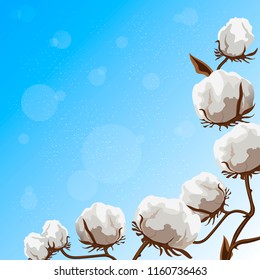 pattern of cotton plant with brown leaves and fibers on a blue background