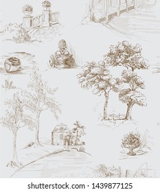 Pattern with country side views with old bridges, houses and trees and garden in toile de jouy style, brown on grey background