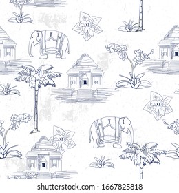 Pattern with countryside, elephants and arbor with in toile de jouy style in blue and white colour.