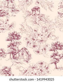 Pattern with countryside houses and arbor with flower bouquet in toile de jouy style in beige and red colour