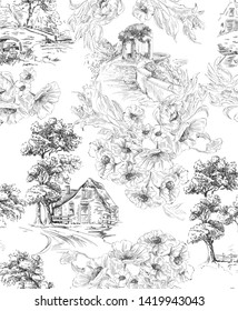 Pattern with countryside houses and arbor with flower bouquet in toile de jouy style in black and white colour