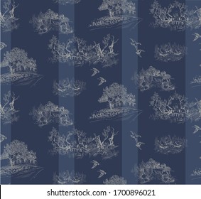 Pattern with countryside landscape with farm on the background with stripe in blue color in toile de jouy stile