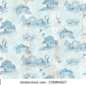 Pattern with countryside landscape with farm on the background with stripe with big leaves in toile de jouy stile