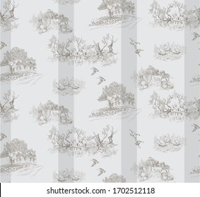 Pattern with countryside landscape with farm on the background with stripe in grey color in toile de jouy stile