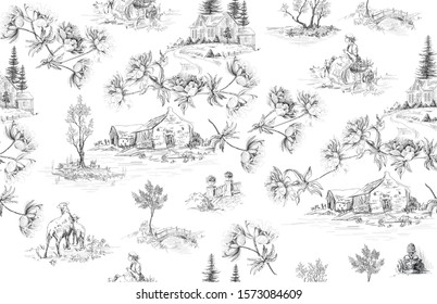 Pattern with countryside life with big peony flowers , country house, sheep, trees, vases, garden