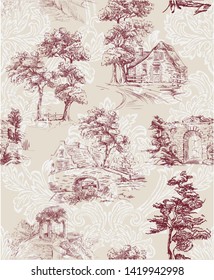 Pattern with countryside scenes with trees, bower, house in toile de jouy style in red and beige colour