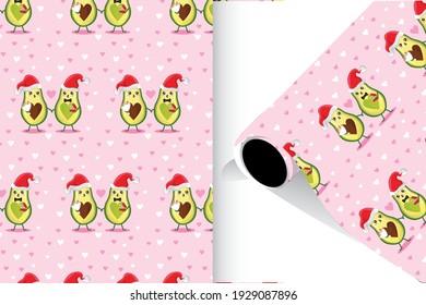 Pattern with couple avocados. Merry Christmas Printing on a paper mockup.