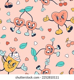 Pattern, couple of cherries in love, hot chocolate with whipped cream, heart. Trendy old retro cartoon style. Pastel shades. Vintage vector illustration for valentines day, wallpaper, fabric, wrapping