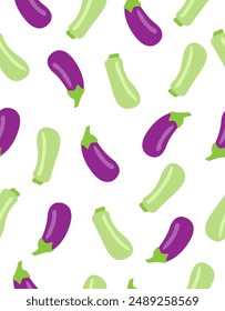 A pattern of courgettes and aubergines on a white background.