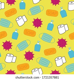 Pattern of Covid 19 with Toilet Paper Masks Soap Hand Sanitizer and of course the Virus