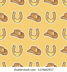 Pattern cowboy hat for horseman and horseshoe on yellow background. Stetson hat for cowboy and horse shoe seamless pattern