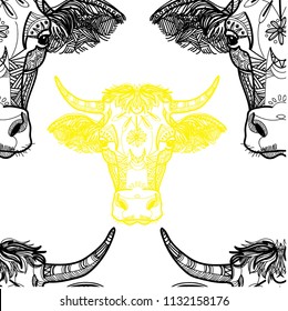 Pattern with cows. Children's coloring. A meditative picture. Dots, stripes, wool. More horns. Pets. India, ethnic.