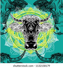 Pattern with cows. Children's coloring. A meditative picture. Dots, stripes, wool. More horns. Pets. India, ethnic.