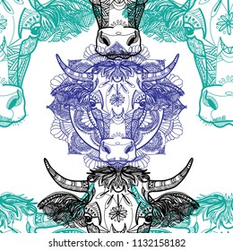 Pattern with cows. Children's coloring. A meditative picture. Dots, stripes, wool. More horns. Pets. India, ethnic.