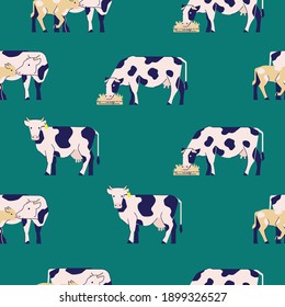 A pattern of cows. Cute vector animals. Fancy illustration in a flat design. Seamless pattern for your products. Background, wallpaper, fabric, wrapping paper.