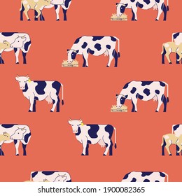 A pattern of cows. Cute vector animals. Fancy illustration in a flat design. Seamless pattern for your products. Background, wallpaper, fabric, wrapping paper.