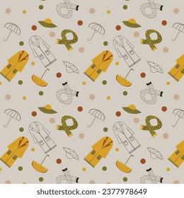 Pattern of cozy autumn clothes. Coats, hats, scarves and umbrellas. Vector illustration made in black, green, yellow, red colors on beige background.	