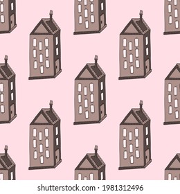 Pattern with cozy houses, pastel colors pattern with doodle house, coffee color palette pattern, hand-drawn tall buildings, cozy cottage vector seamless pattern