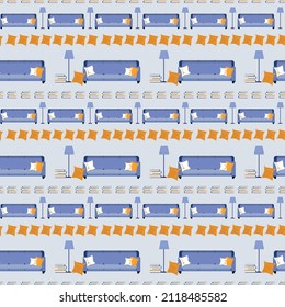 Pattern with a cozy interior and a place for a nap. Great place to read. Comfortable sofa, soft pillows, books and soft floor lamp lighting.