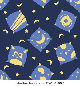 Pattern of cozy pillows in blue and yellow, with stars and the moon.