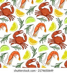 Pattern with crabs and shrimps.Crabs, shrimps, lemon slices and rosemary on a transparent background in a vector pattern.