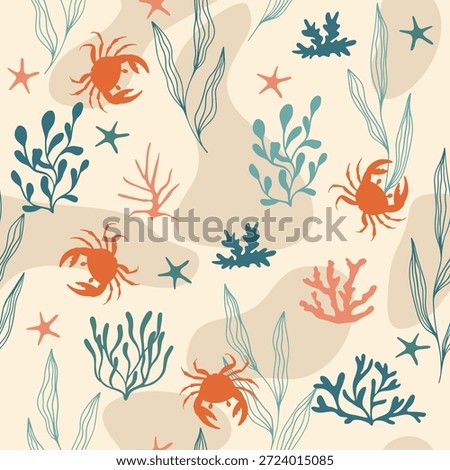 Pattern with crabs and starfish. Underwater seamless pattern