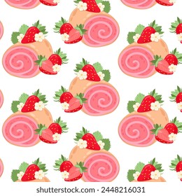 Pattern with creamy strawberry roll on a transparent background. Strawberry roll with cream in flat style. Seamless pattern for textile, wrapping paper, background.