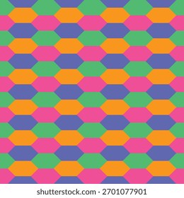 Pattern created from alternating rows of pink and green, and orange and blue irregular hexagons