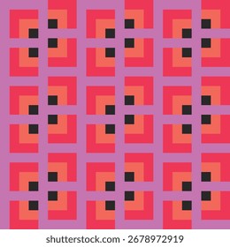 Patrón creado de negro, coral, naranja, cuadrados rojos sobre un fondo rosa