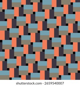 Patrón creado a partir de rectángulos azul, caqui, naranja y marrón oscuro, y Pequeños cuadrados negros