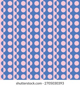 Pattern created from blue and pale pink half circles, and pale pink circles, on pale pink and blue stripes