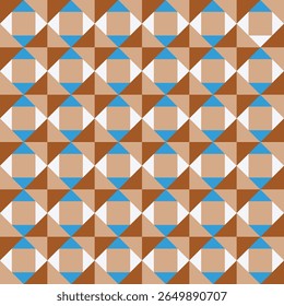Pattern created from brown, white and blue triangles and beige squares