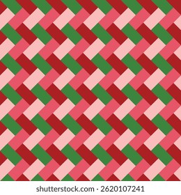 Pattern created by red, rust, pink and green diagonal rectangles