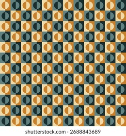 Pattern created from cream, gold, grey-green and dark green circles and squares