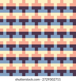 Pattern created from cream, peach, blue and dark purple T shaped blocks