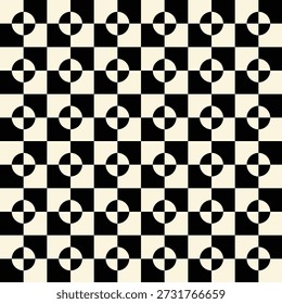 Patrón creado a partir de círculos cuartos crema en cuadrados negros y círculos cuartos negros en cuadrados crema