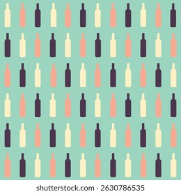 Motif créé à partir de bouteilles de vin rouge foncé, rose et blanc sur fond vert menthe fluo