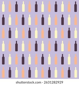 Pattern created from dark red, rose and white wine bottles on a lavender background