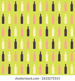 Pattern created from dark red, rose and white wine bottles on a yellow-green background