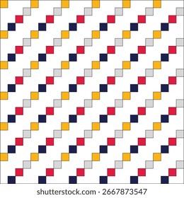 Pattern created from diagonal lines of small navy blue, red, grey and yellow squares