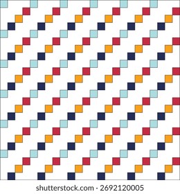 Pattern created from diagonal lines of small gold, red, light and dark navy blue squares
