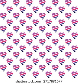 Pattern created from diagonally striped neon pale pink, pink, blue and black hearts on a transparent background