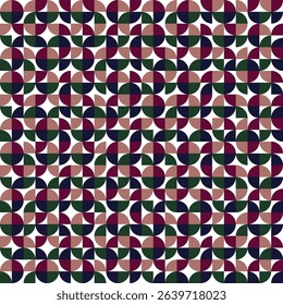 Pattern created from dusty pink, purple, navy blue and bottle green quarter circles